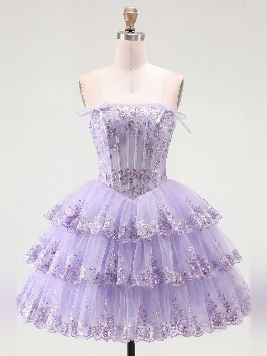 Lilac mini homecoming dress, alternate view showing the bodice and skirt