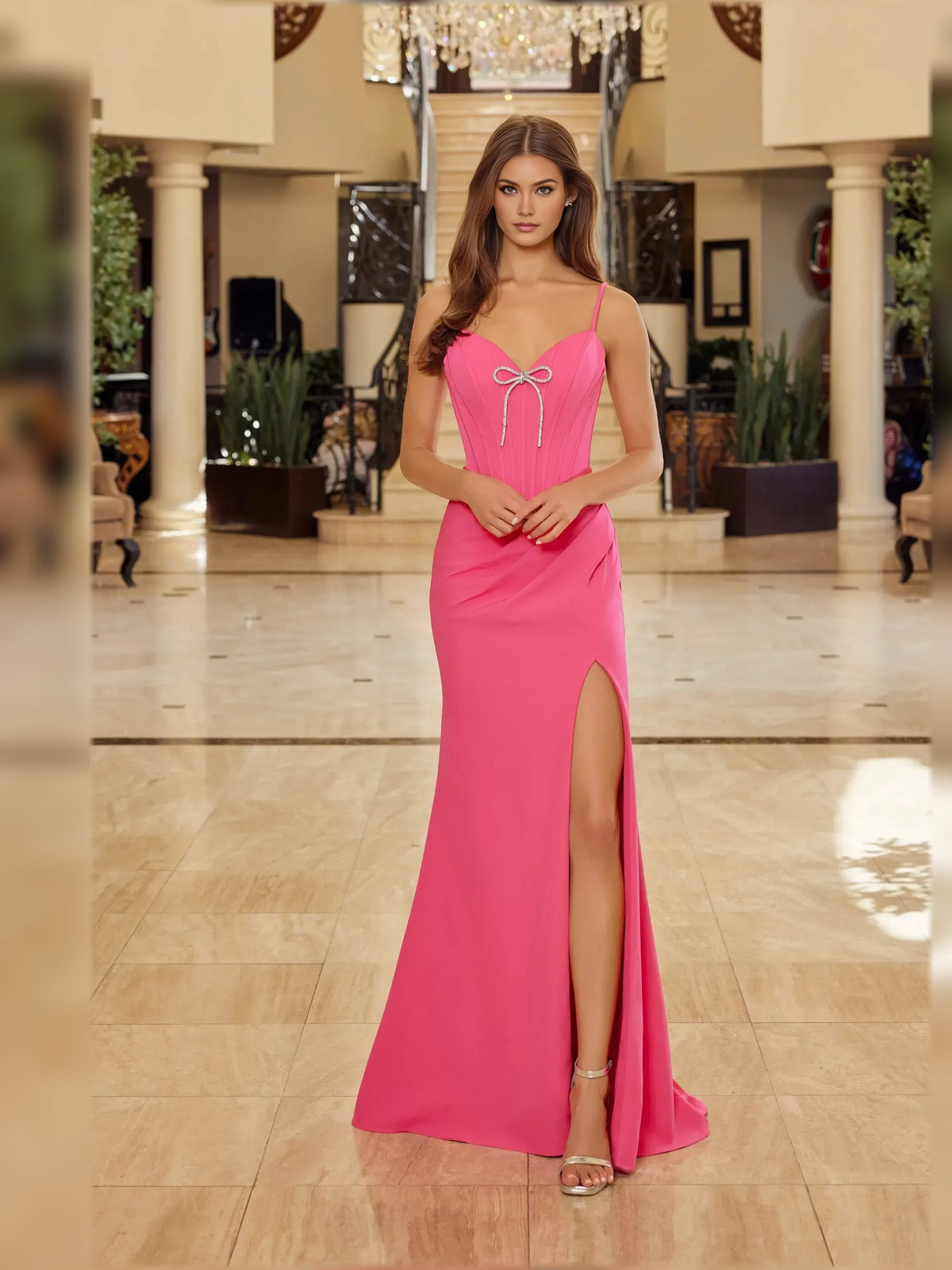 Hot Pink mermaid floor-length formal dress with corset-style bodice, alternate view