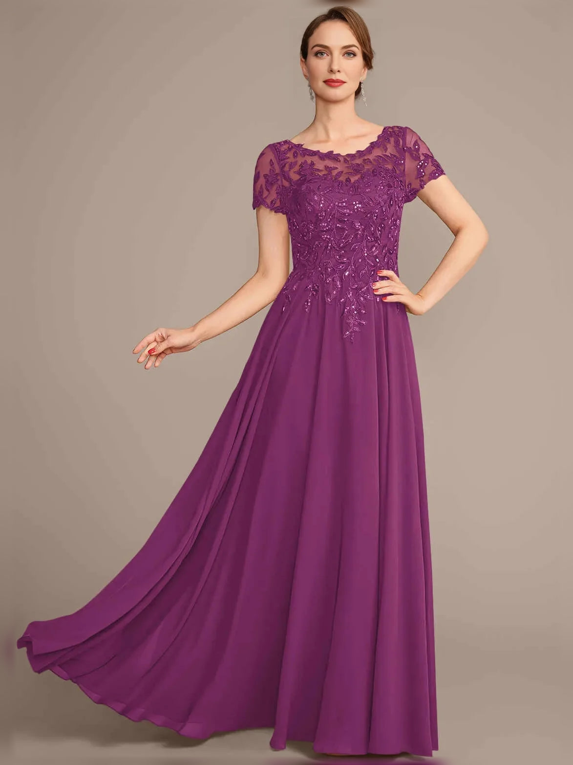 Orchid short mother of the bride dress, alternate view showing the bodice and skirt