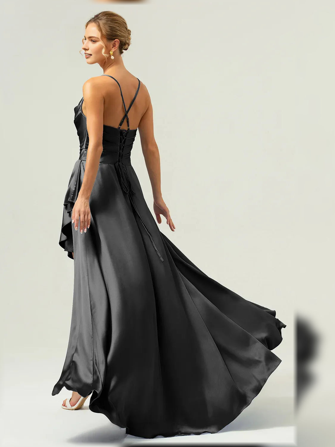 Blue a-line floor-length formal dress with skirt slit, alternate view showing the overall silhouette