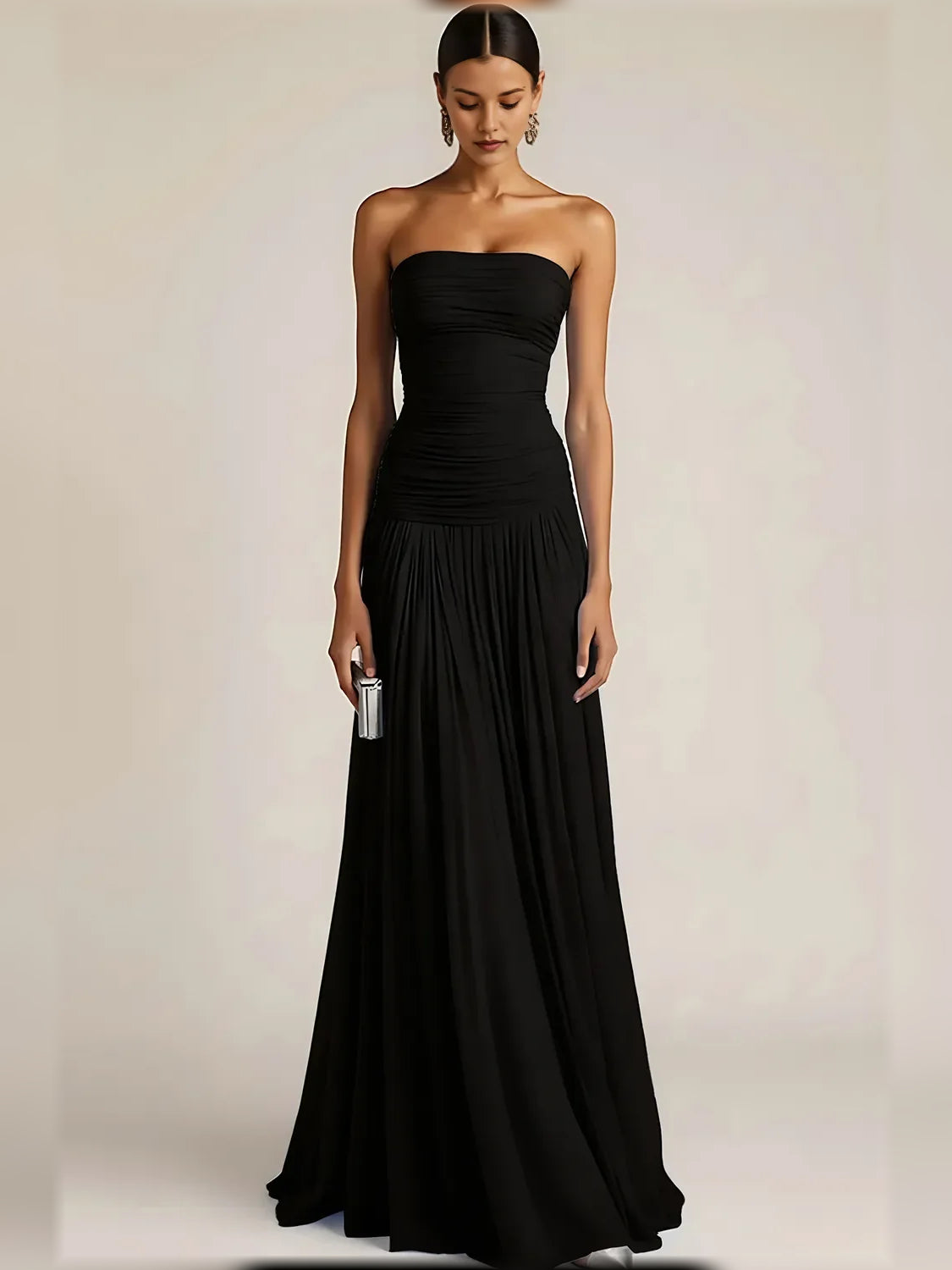 Black a-line floor-length formal dress with ruching, alternate view