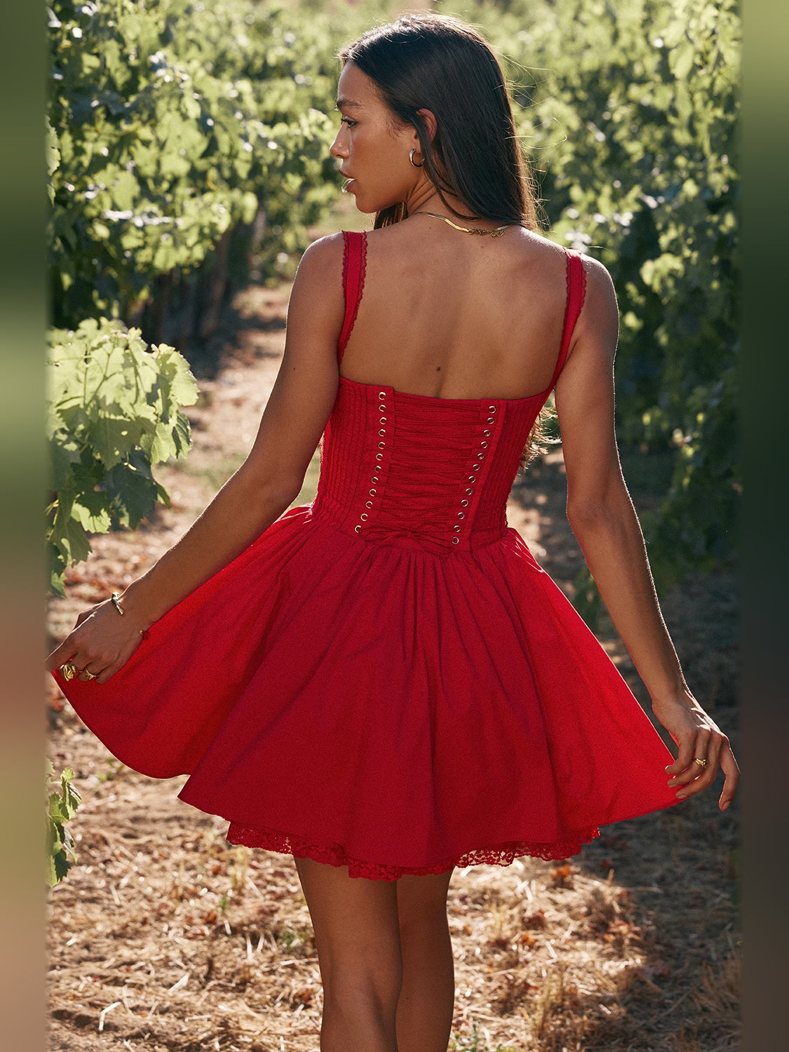 Pink mini homecoming dress, alternate view showing the bodice and skirt from another angle