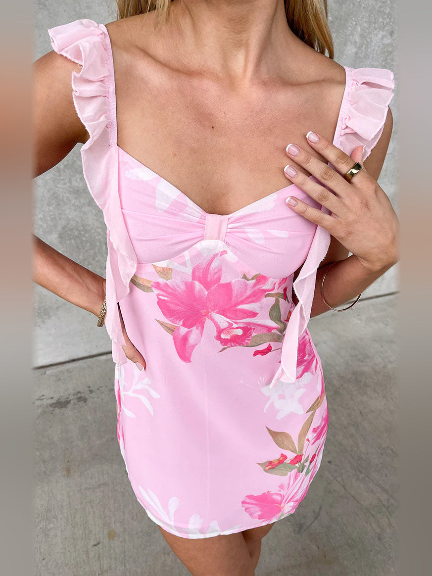 Pink Floral mini homecoming dress, alternate view showing the bodice and skirt from another angle