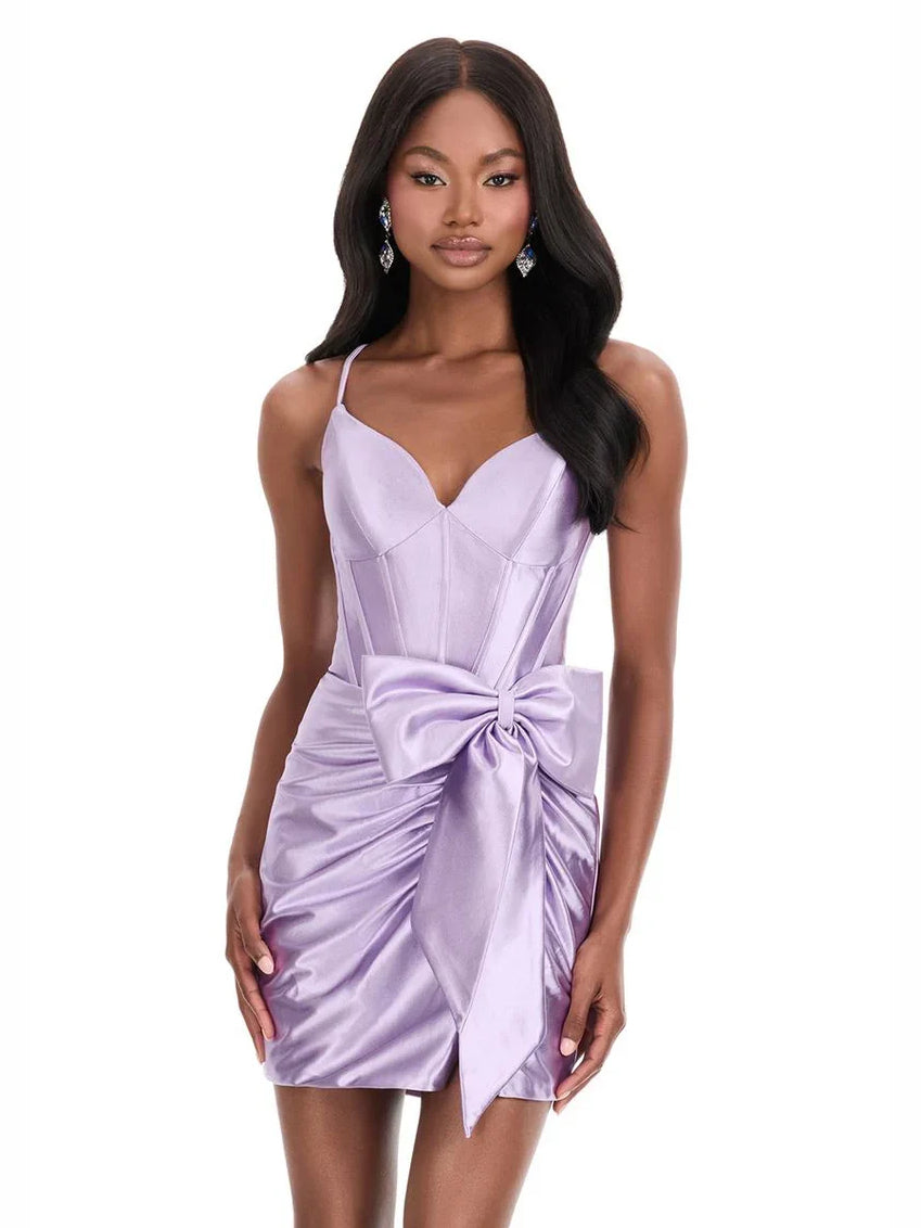 Lilac mini homecoming dress, alternate view showing the bodice and skirt