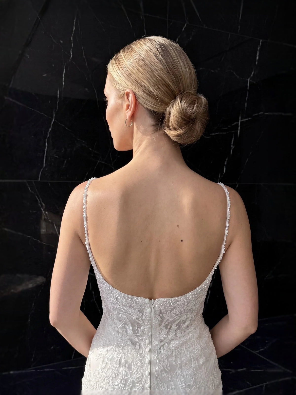 Ivory floor-length wedding dress, alternate view showing the bodice and skirt from another angle
