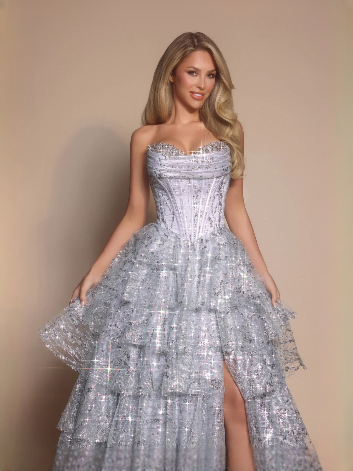 Blue floor-length prom dress, alternate view showing the bodice and skirt from another angle