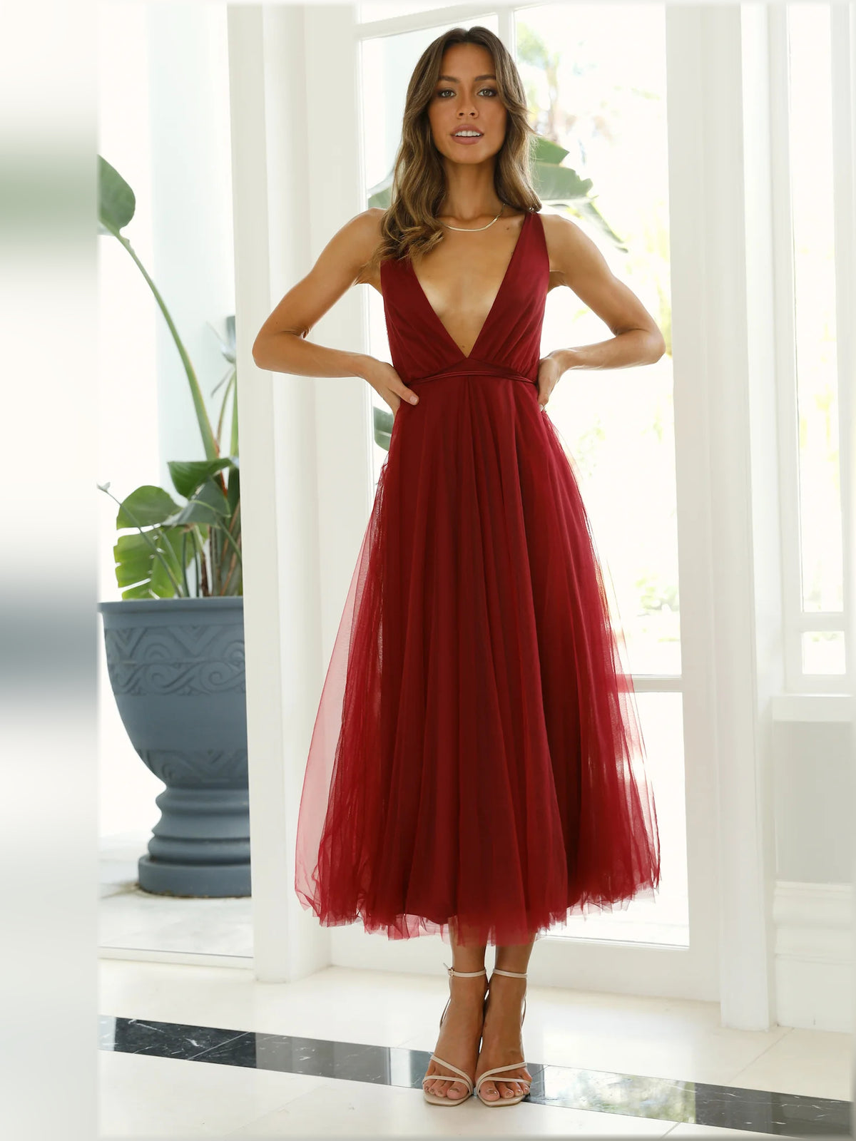 Wine midi formal dress, alternate view showing the overall silhouette