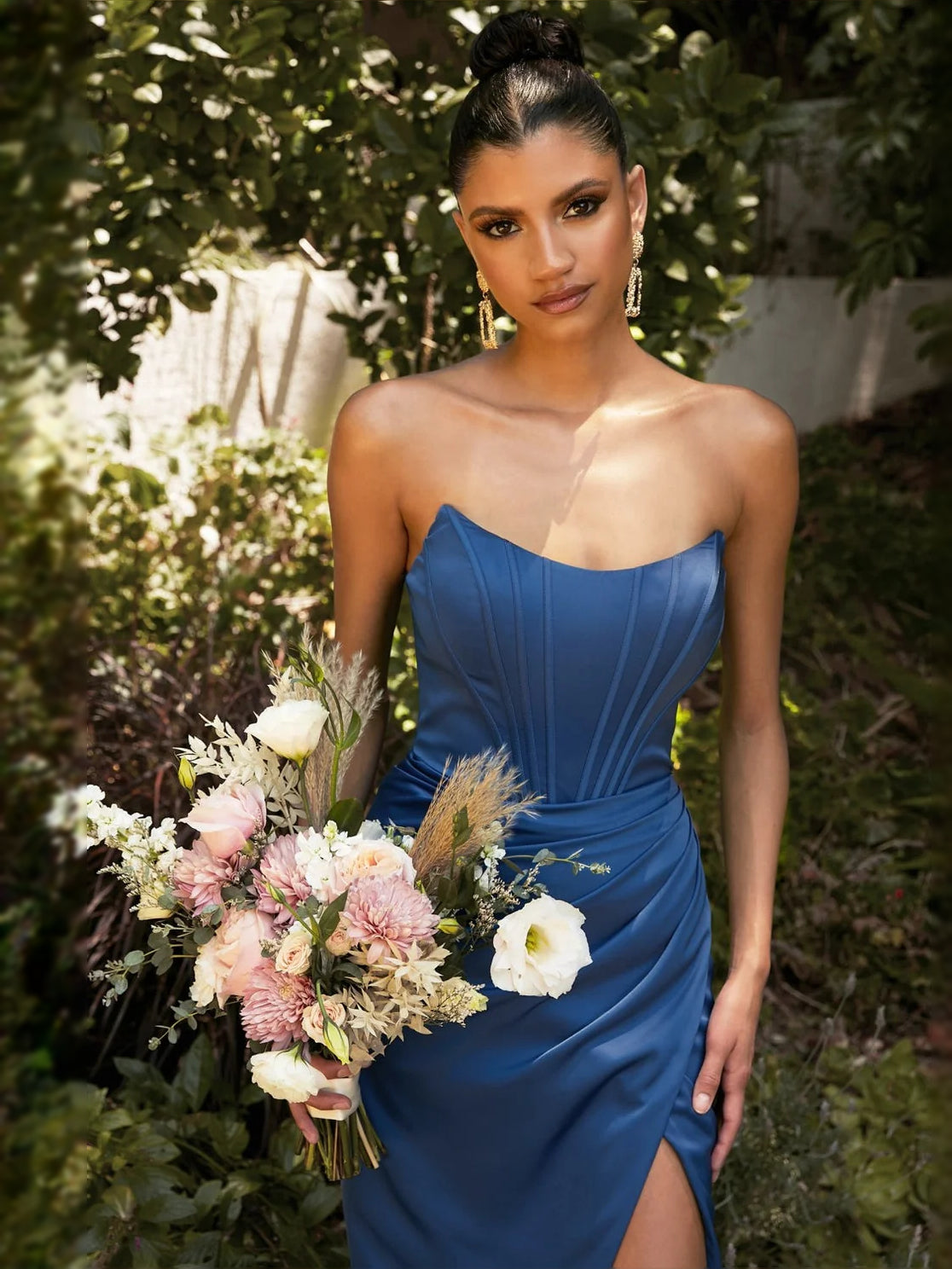Red maxi prom dress, alternate view showing the bodice and skirt from another angle