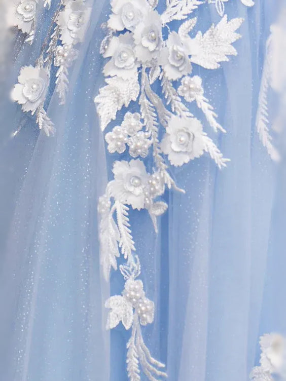 Sky Blue floor-length prom dress, alternate view showing the bodice and skirt from another angle
