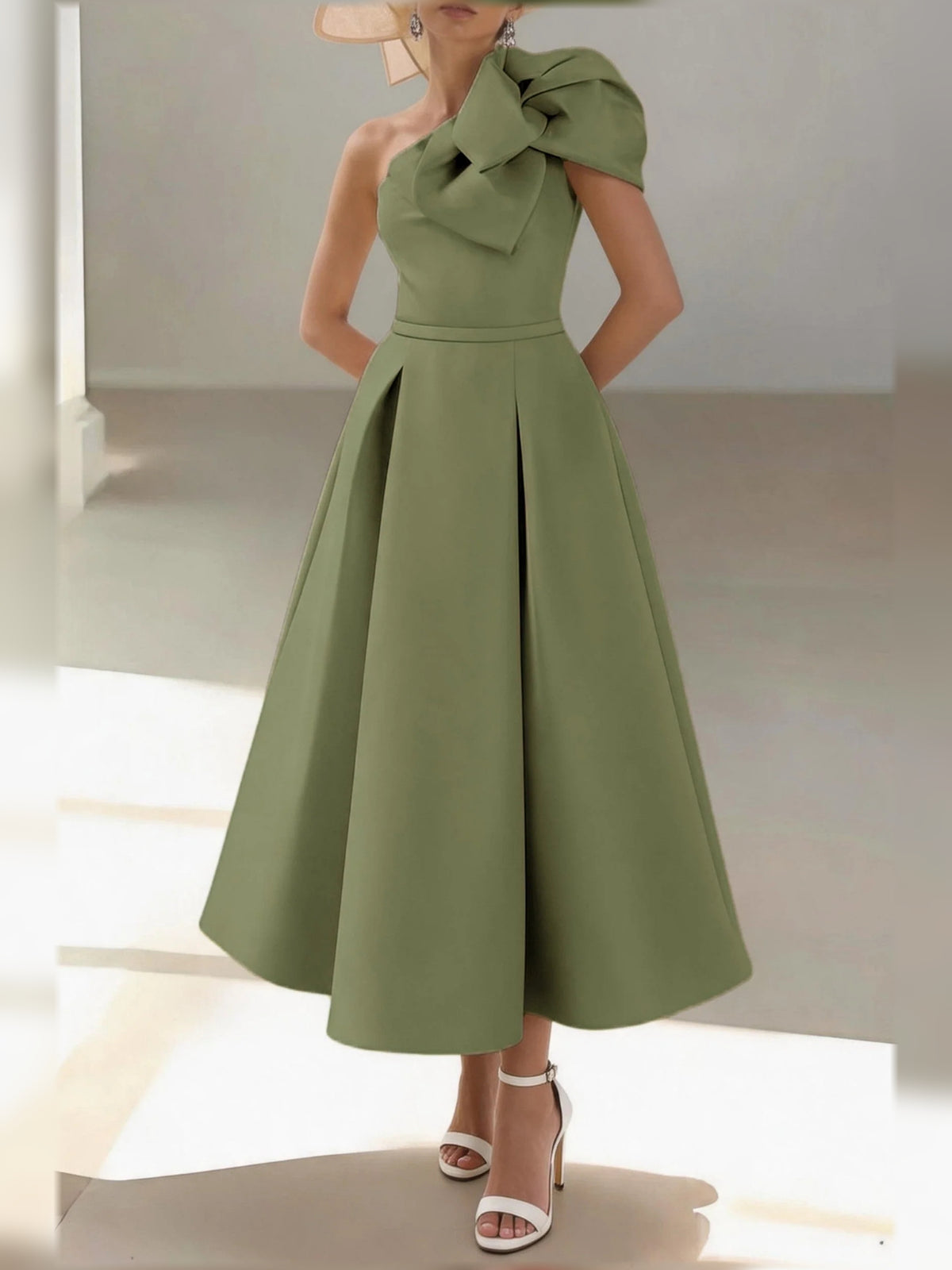 Olive Green midi mother of the bride dress, alternate view showing the bodice and skirt