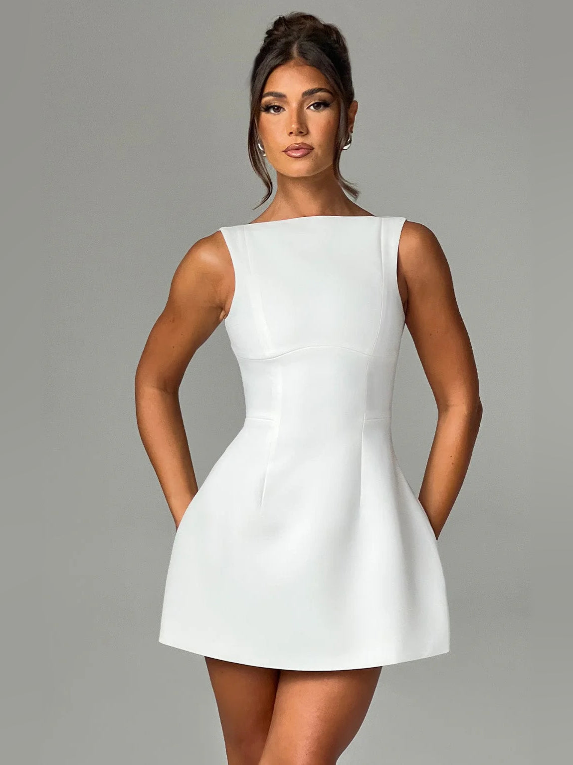 Blush mini homecoming dress, alternate view showing the bodice and skirt from another angle