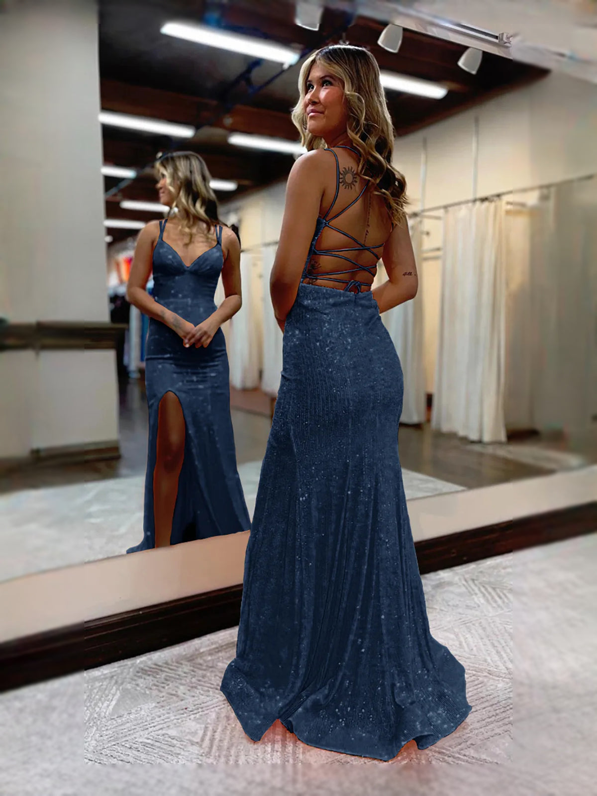 Orange floor-length prom dress, alternate view showing the bodice and skirt from another angle