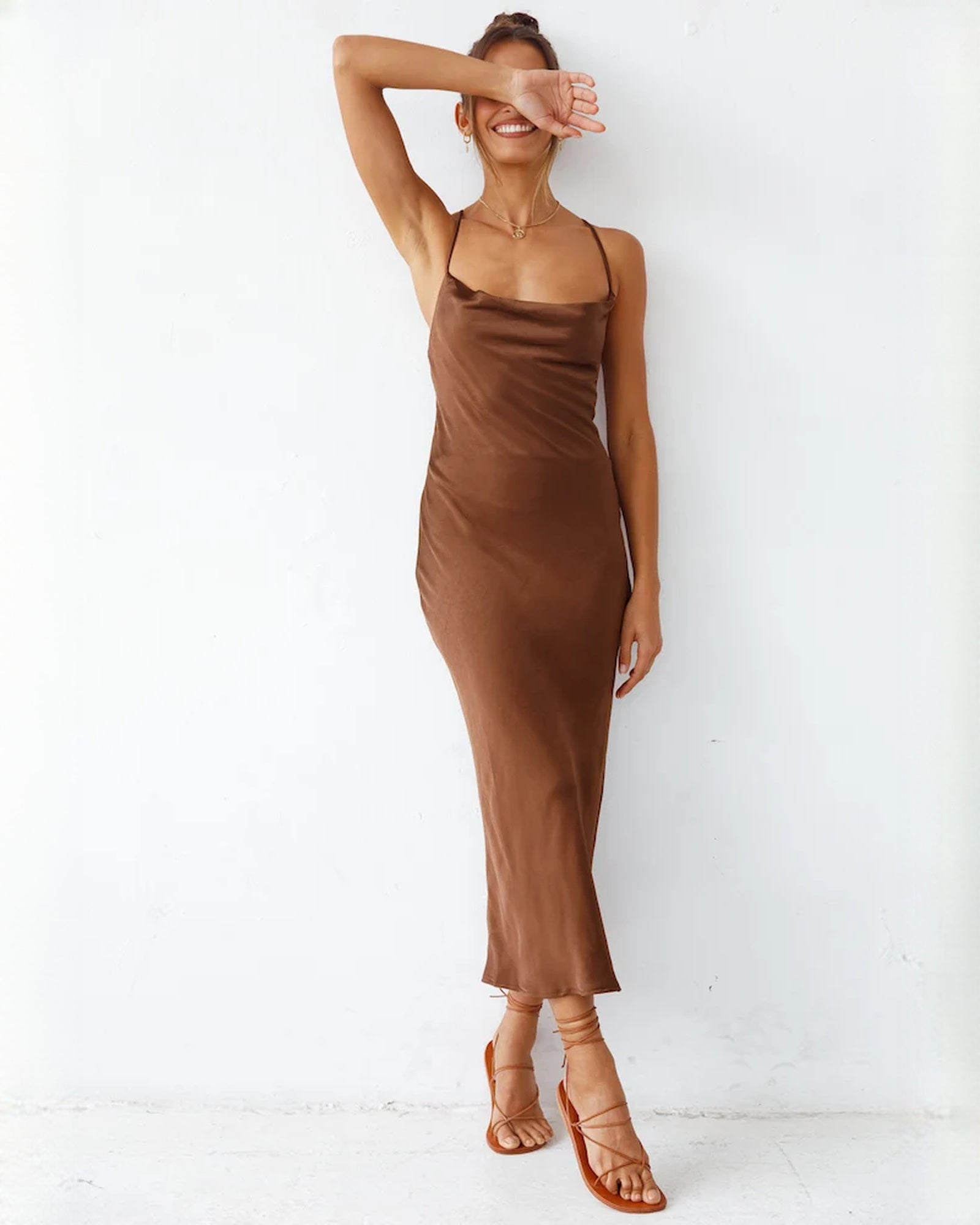 sleeveless satin a-line maxi bridesmaid dress - image 8