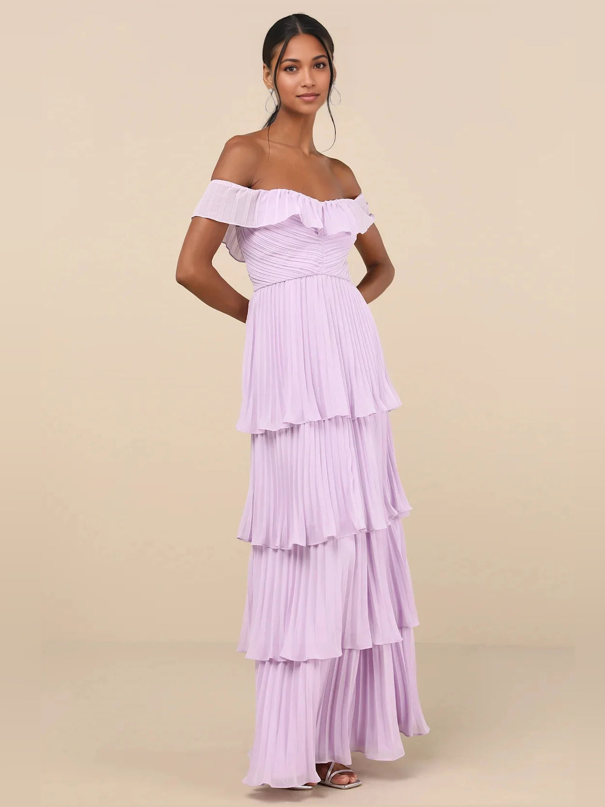 Lavender maxi bridesmaid dress, alternate view showing the bodice and skirt