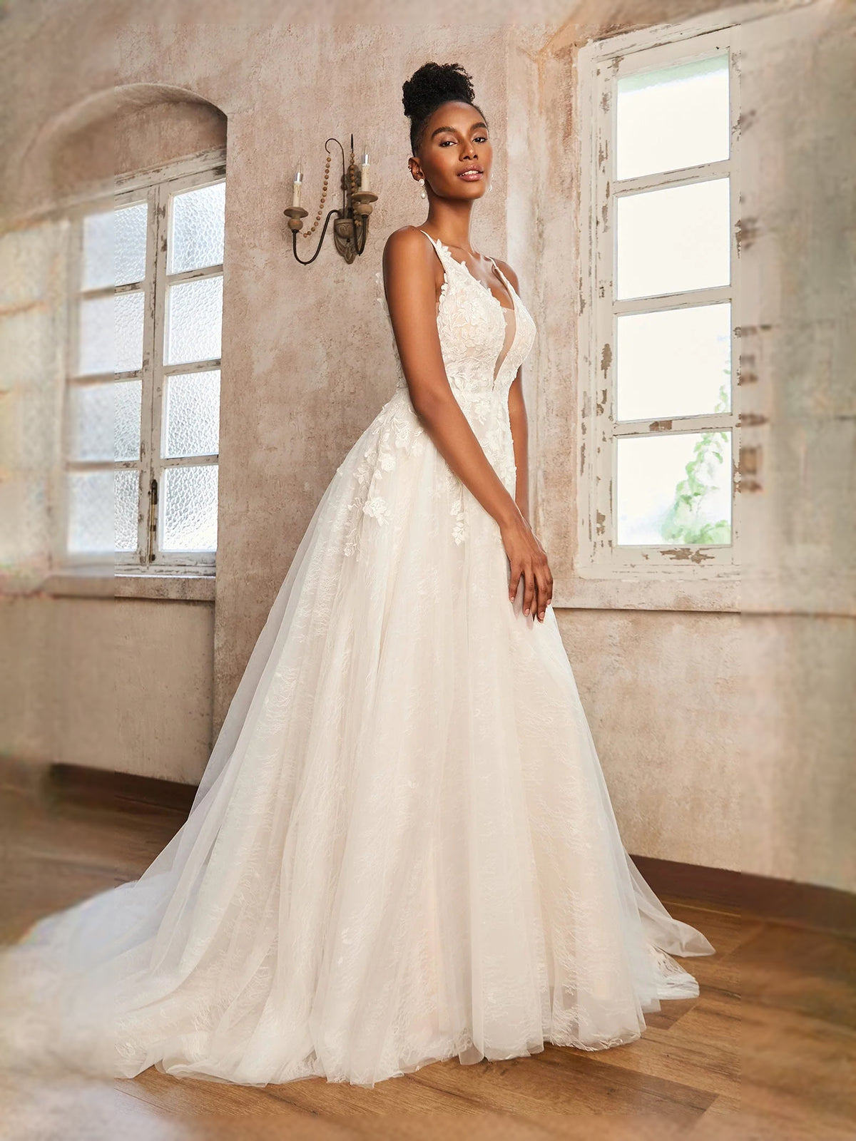 Ivory floor-length wedding dress, alternate view showing the bodice and skirt from another angle