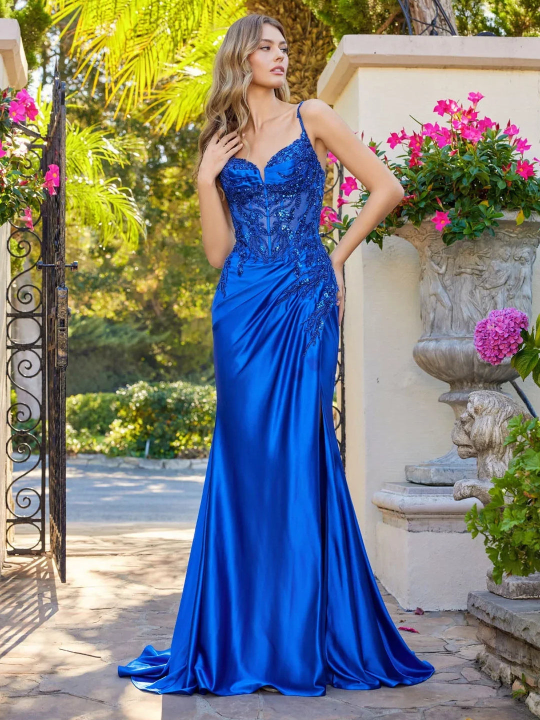 Cobalt Blue floor-length prom dress, alternate view showing the bodice and skirt