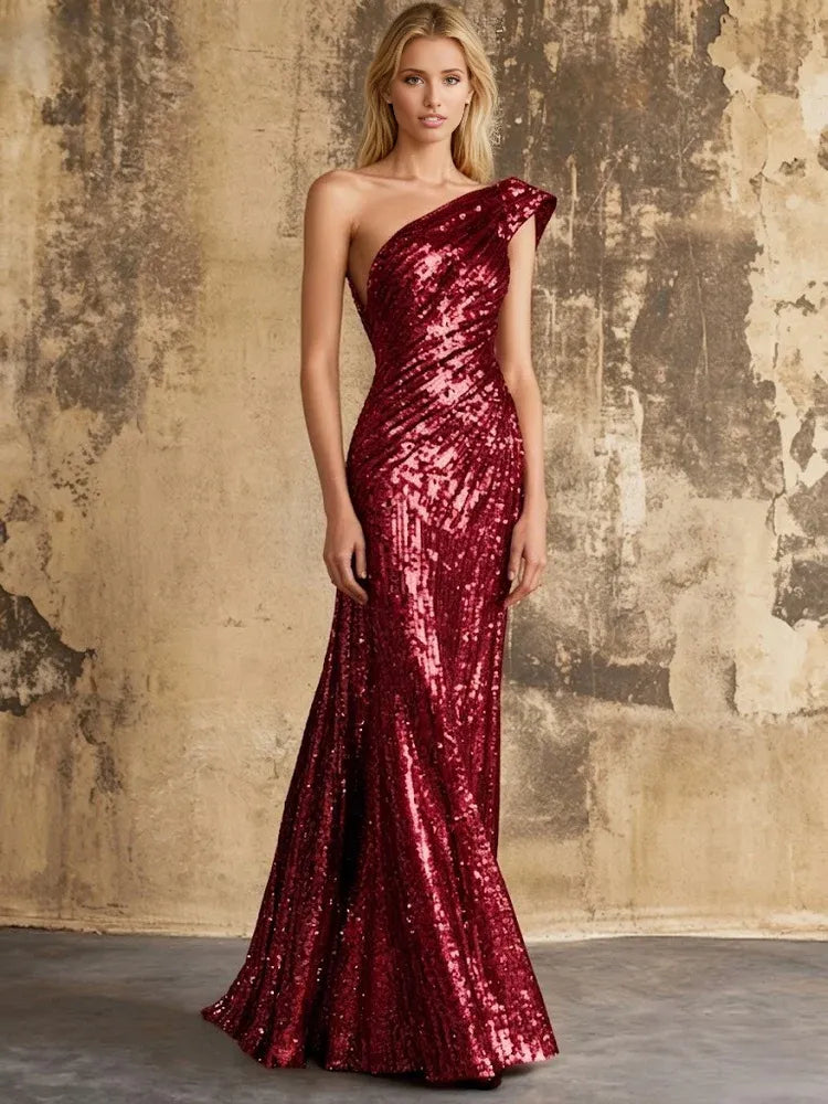 Burgundy mermaid floor-length formal dress with sequins, alternate view