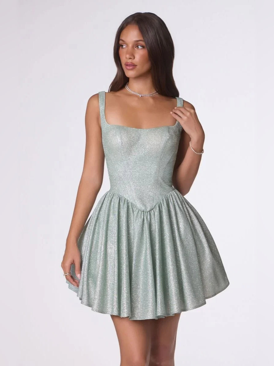 Dusty Sage mini homecoming dress, alternate view showing the bodice and skirt