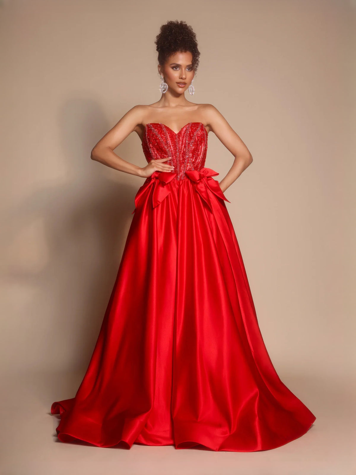 Red floor-length prom dress, alternate view showing the bodice and skirt