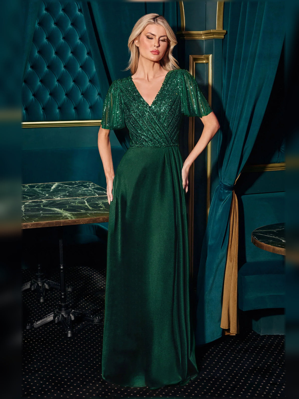 Dark Green floor-length mother of the bride dress, alternate view showing the bodice and skirt