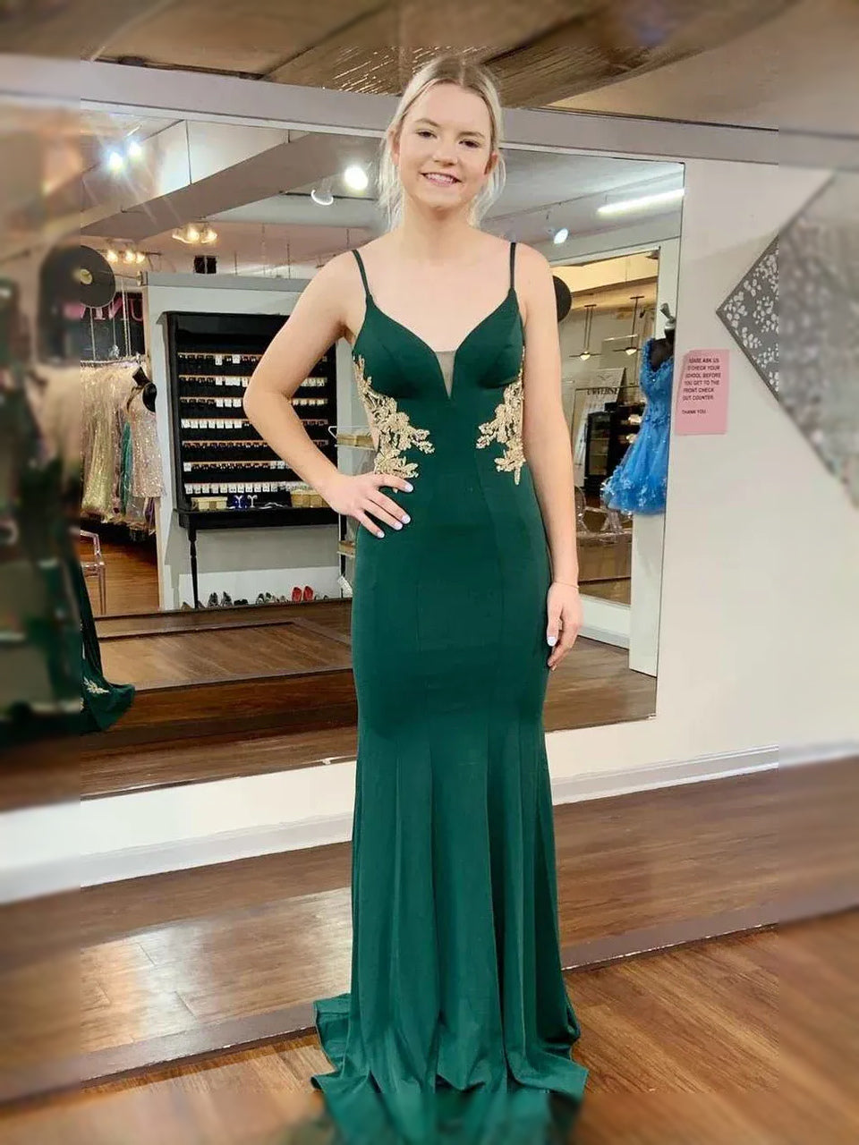 Emerald Green maxi prom dress, back view showing the rear of the dress