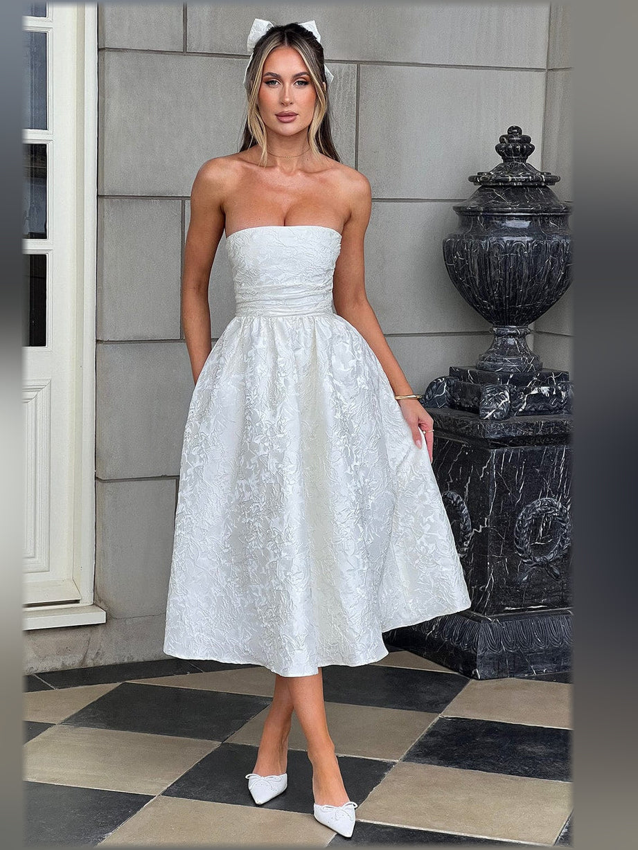 Ivory midi formal dress with corset-style bodice, alternate view