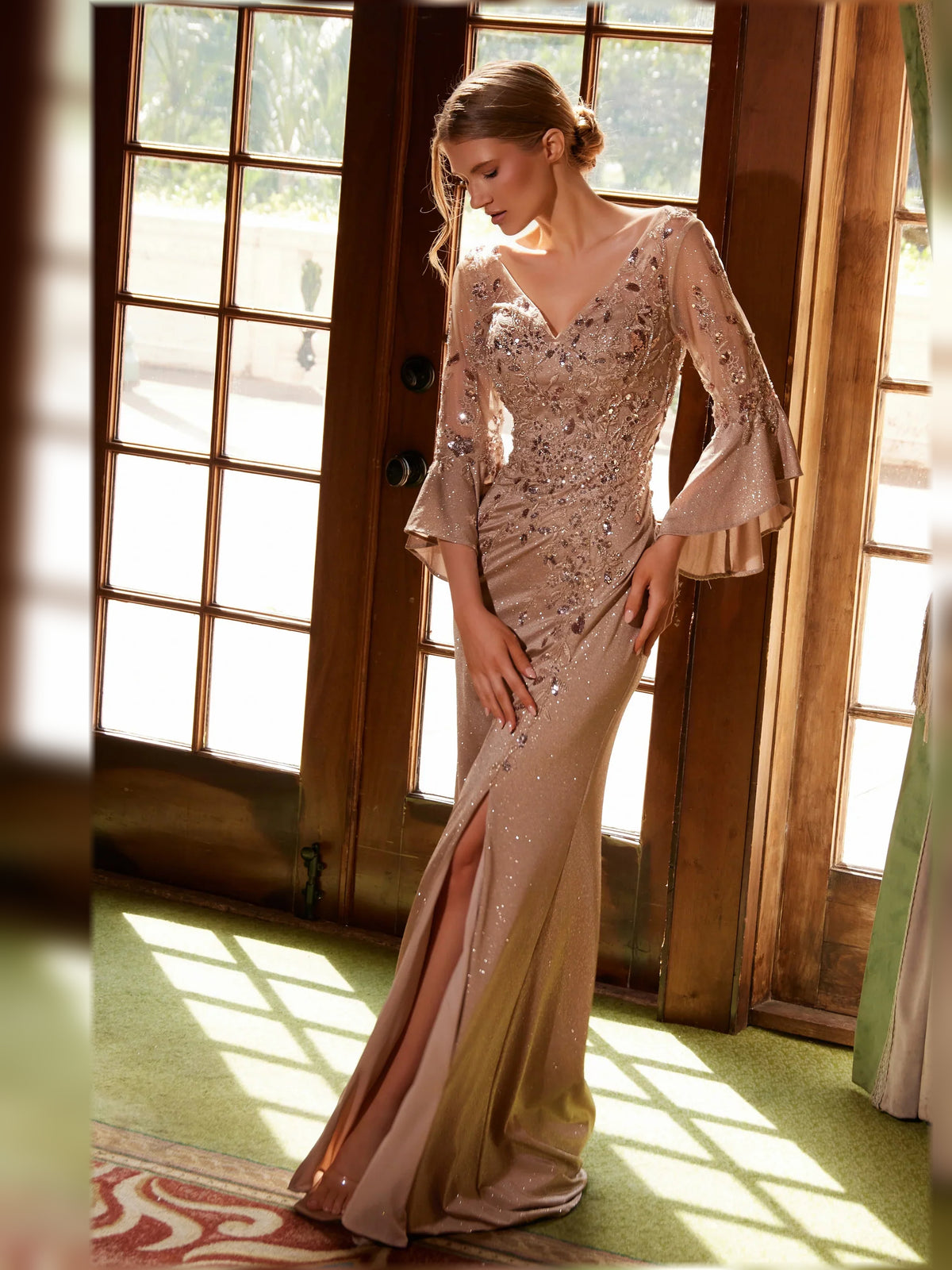 Sage Green maxi mother of the bride dress, alternate view showing the bodice and skirt from another angle