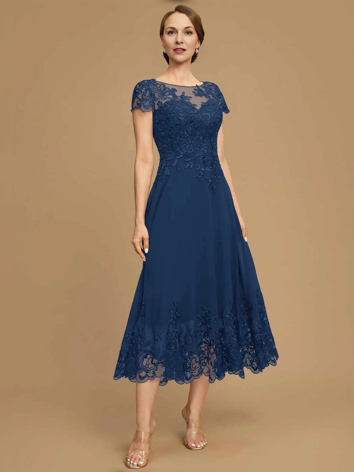 Dark Blue tea-length mother of the bride dress, alternate view showing the bodice and skirt