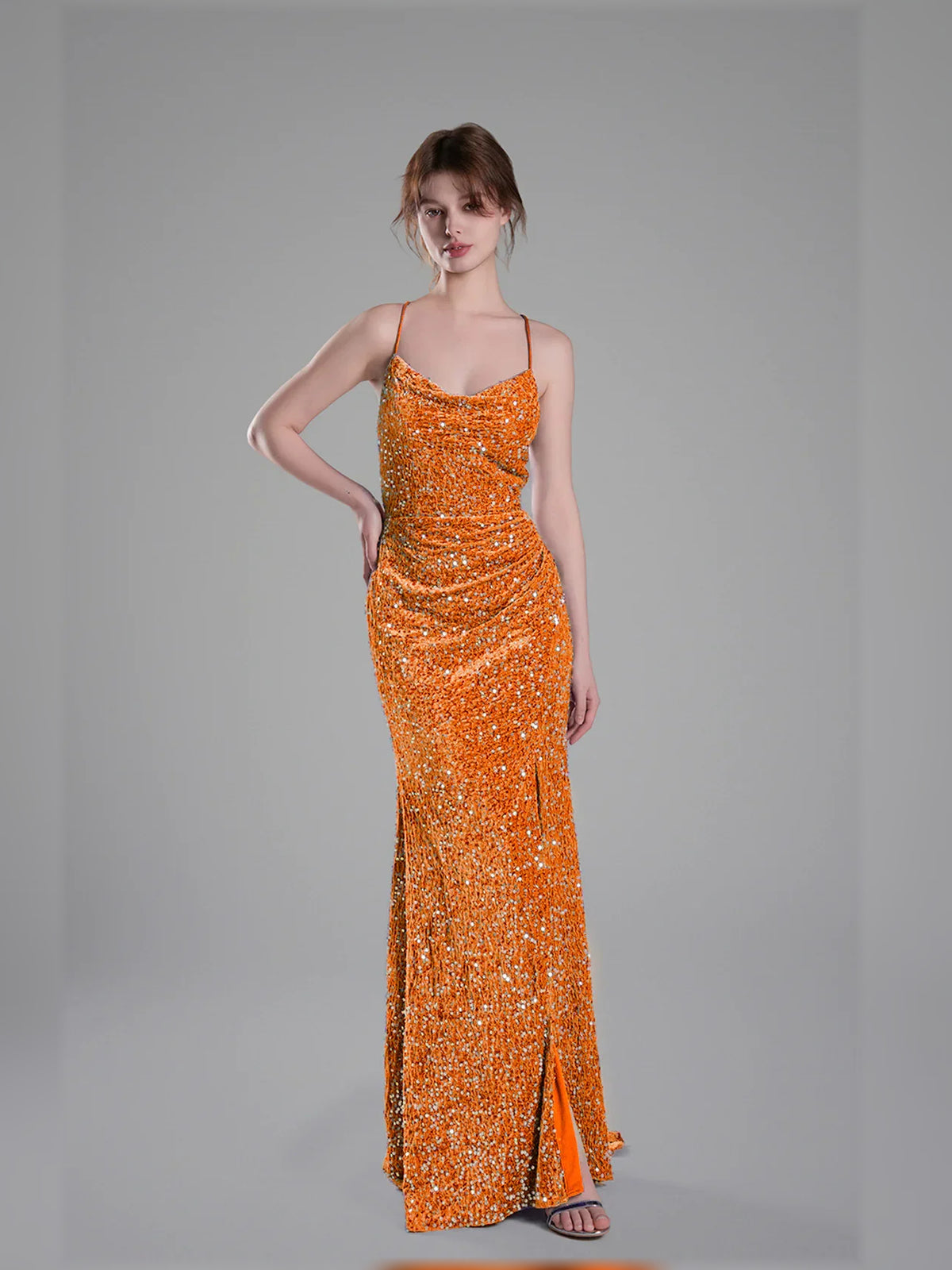 Orange mermaid floor-length formal dress with sequins, alternate view
