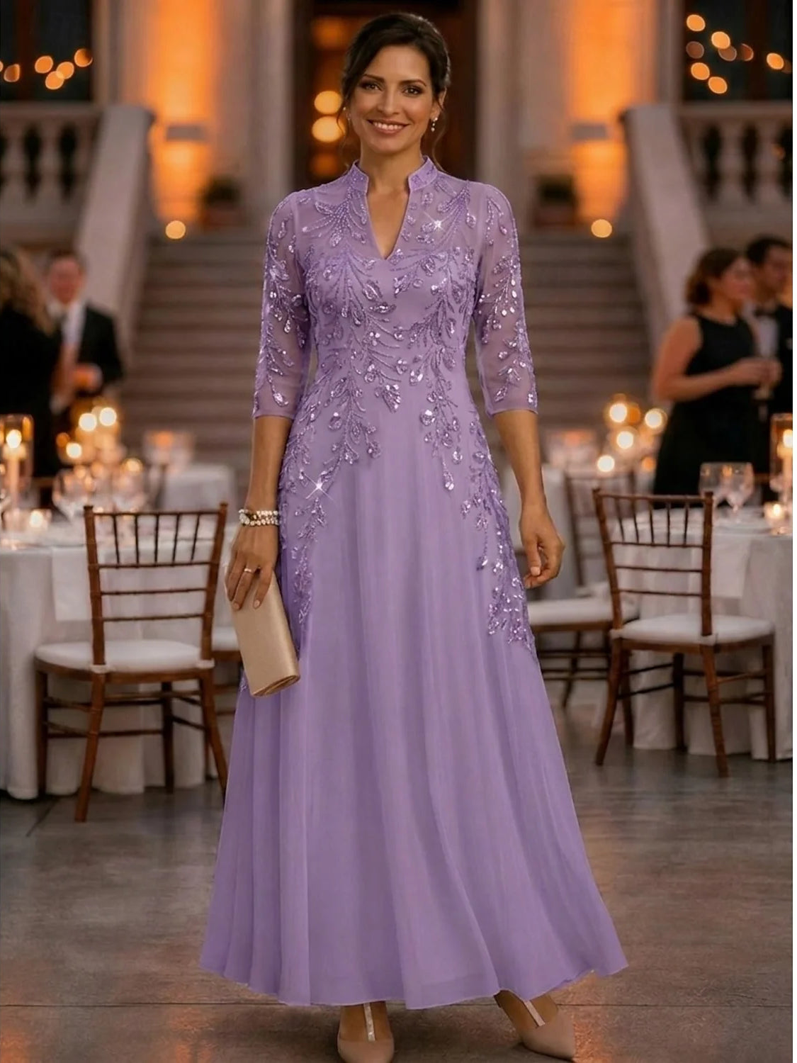 Lilac floor-length mother of the bride dress, alternate view showing the bodice and skirt