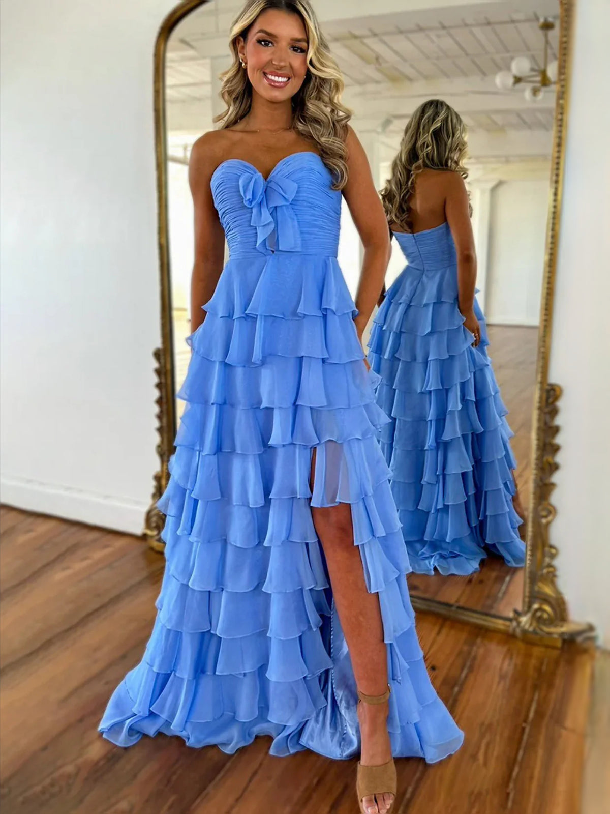 Blue floor-length prom dress, alternate view showing the bodice and skirt