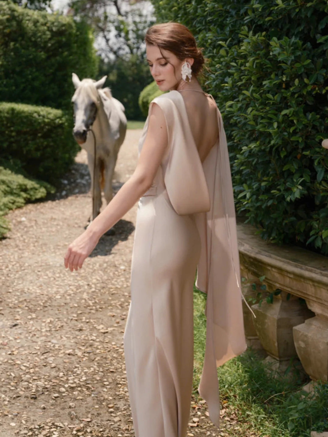 Ivory midi wedding dress, alternate view showing the bodice and skirt from another angle