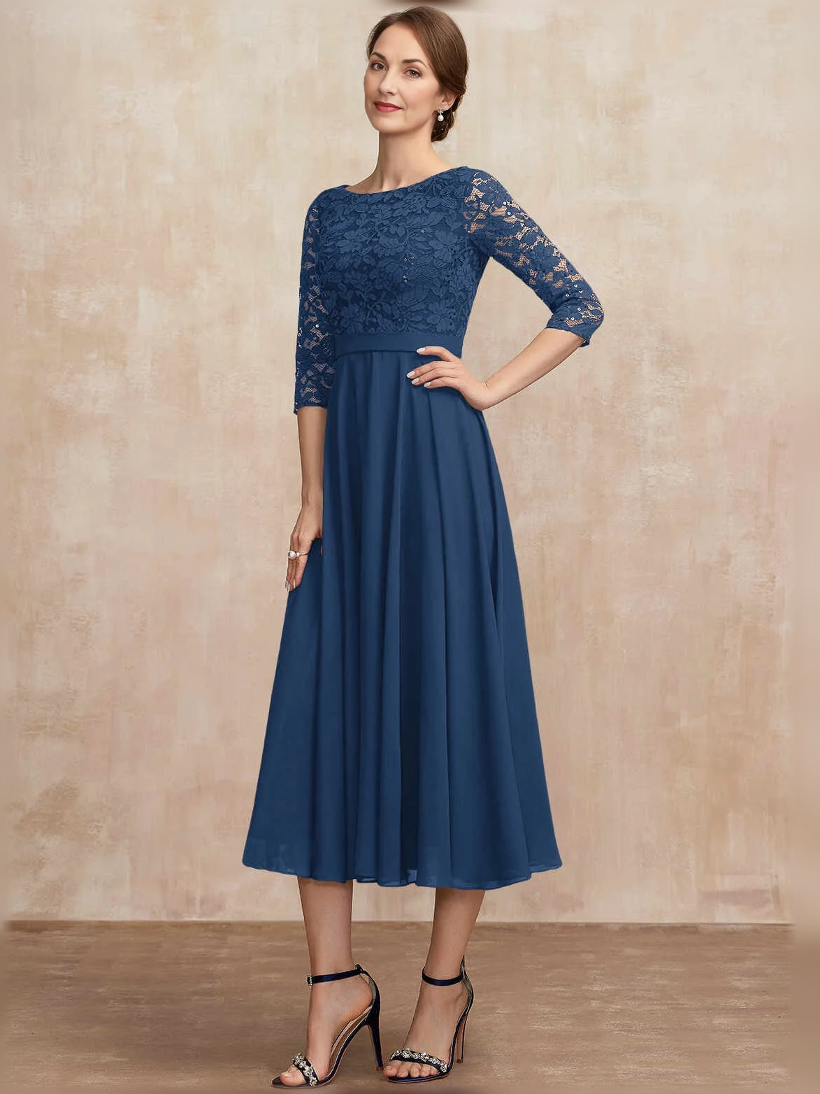 Dark Blue midi mother of the bride dress, alternate view showing the bodice and skirt