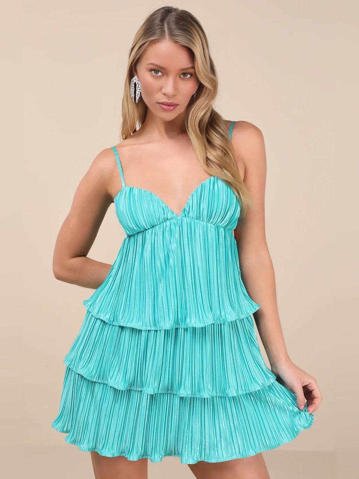 Neon Green mini homecoming dress, alternate view showing the bodice and skirt