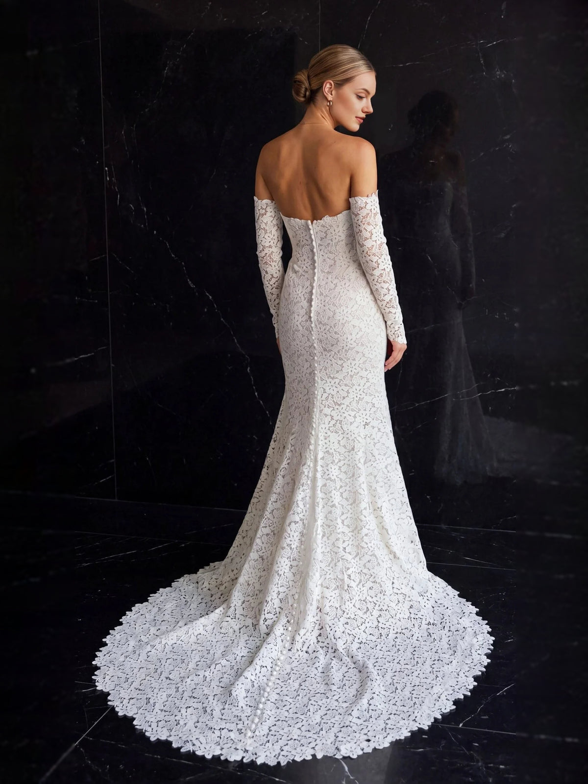 Ivory floor-length wedding dress, alternate view showing the bodice and skirt from another angle