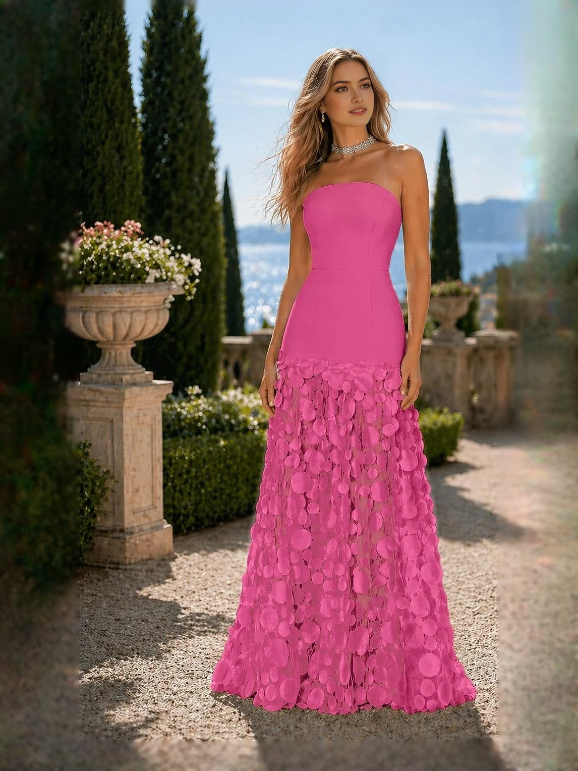 Hot Pink floor-length prom dress, alternate view showing the bodice and skirt