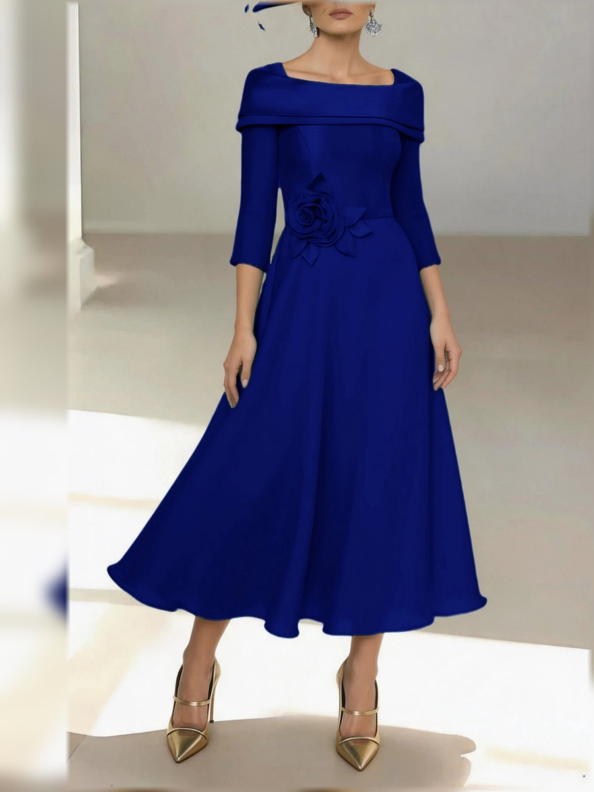 Royal Blue midi mother of the bride dress, alternate view showing the bodice and skirt