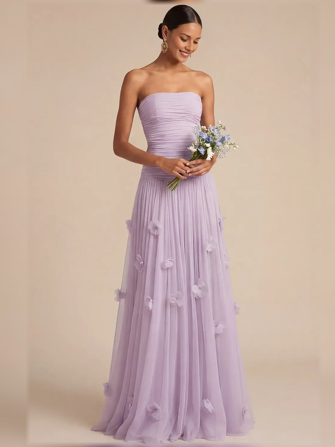 Lilac a-line floor-length formal dress with floral appliqué, alternate view