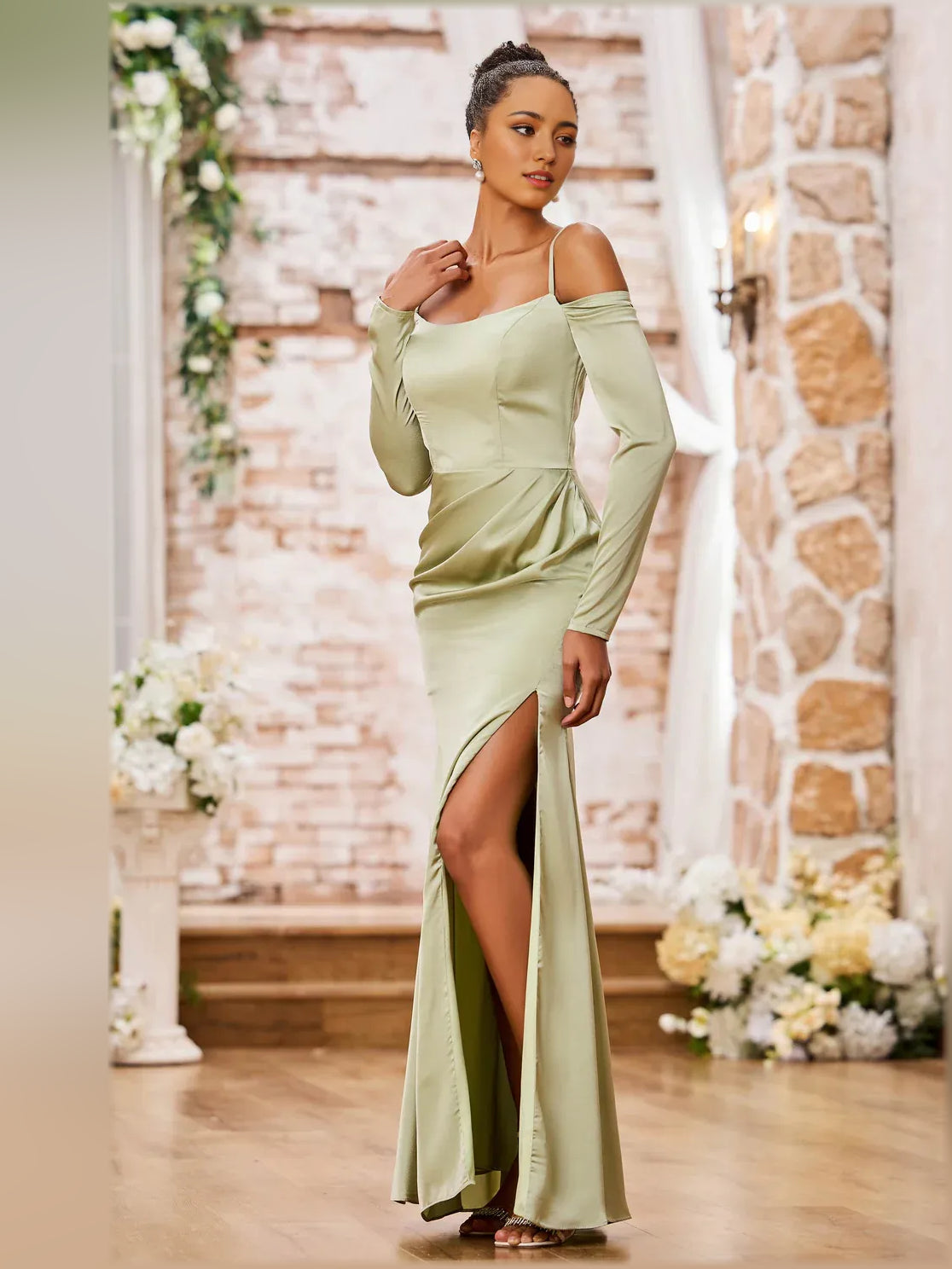 Sage Green mermaid floor-length formal dress with skirt slit, alternate view showing the overall silhouette
