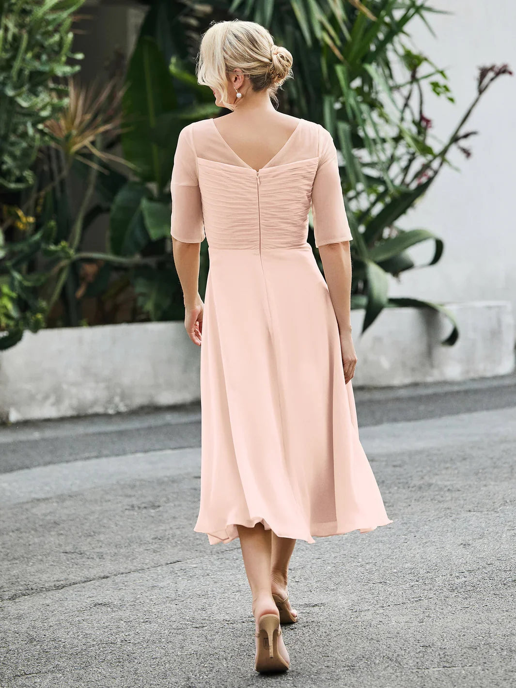 Pearl Pink tea-length mother of the bride dress, alternate view showing the bodice and skirt