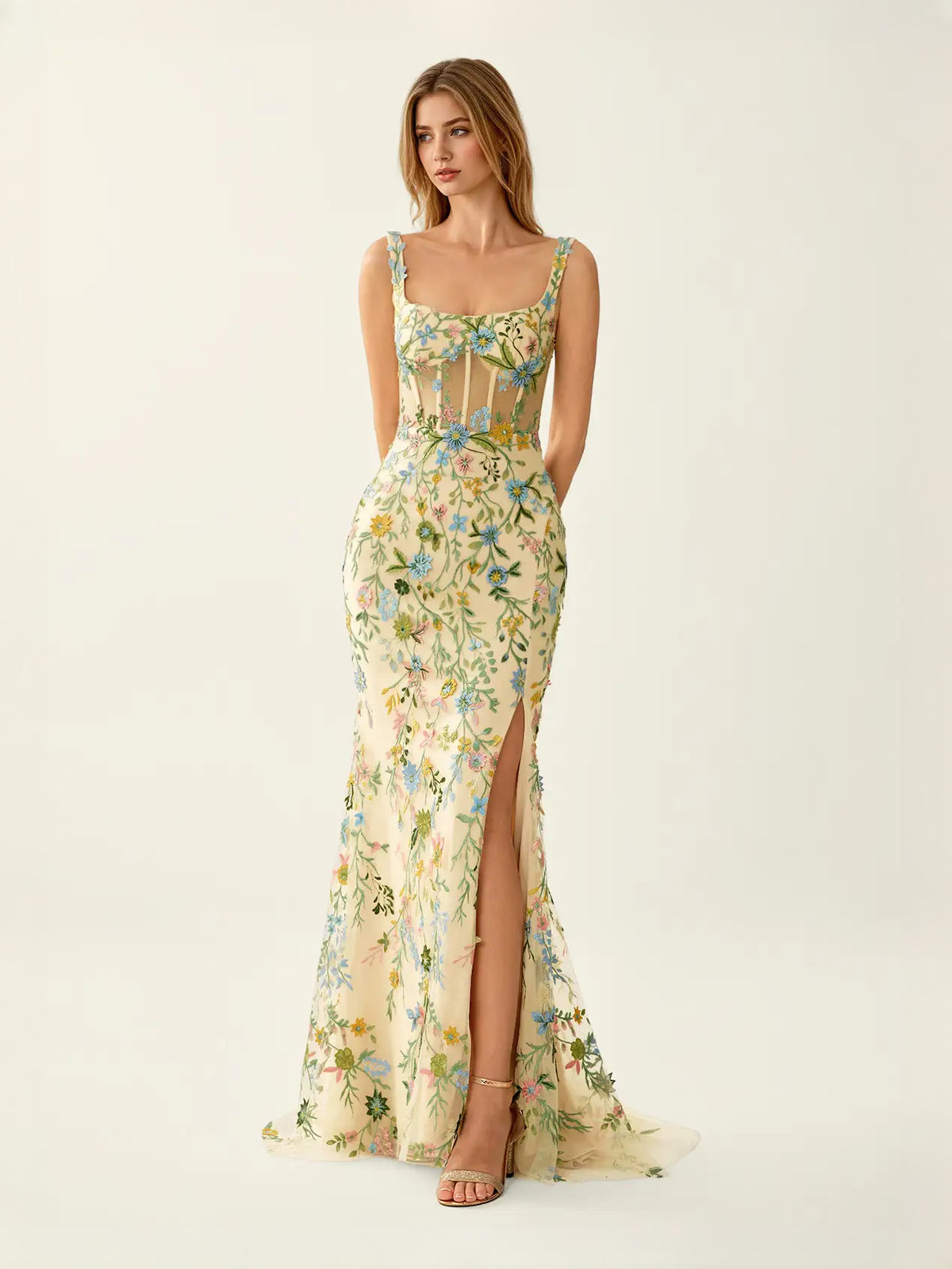 Pale Lemon maxi prom dress, alternate view showing the bodice and skirt