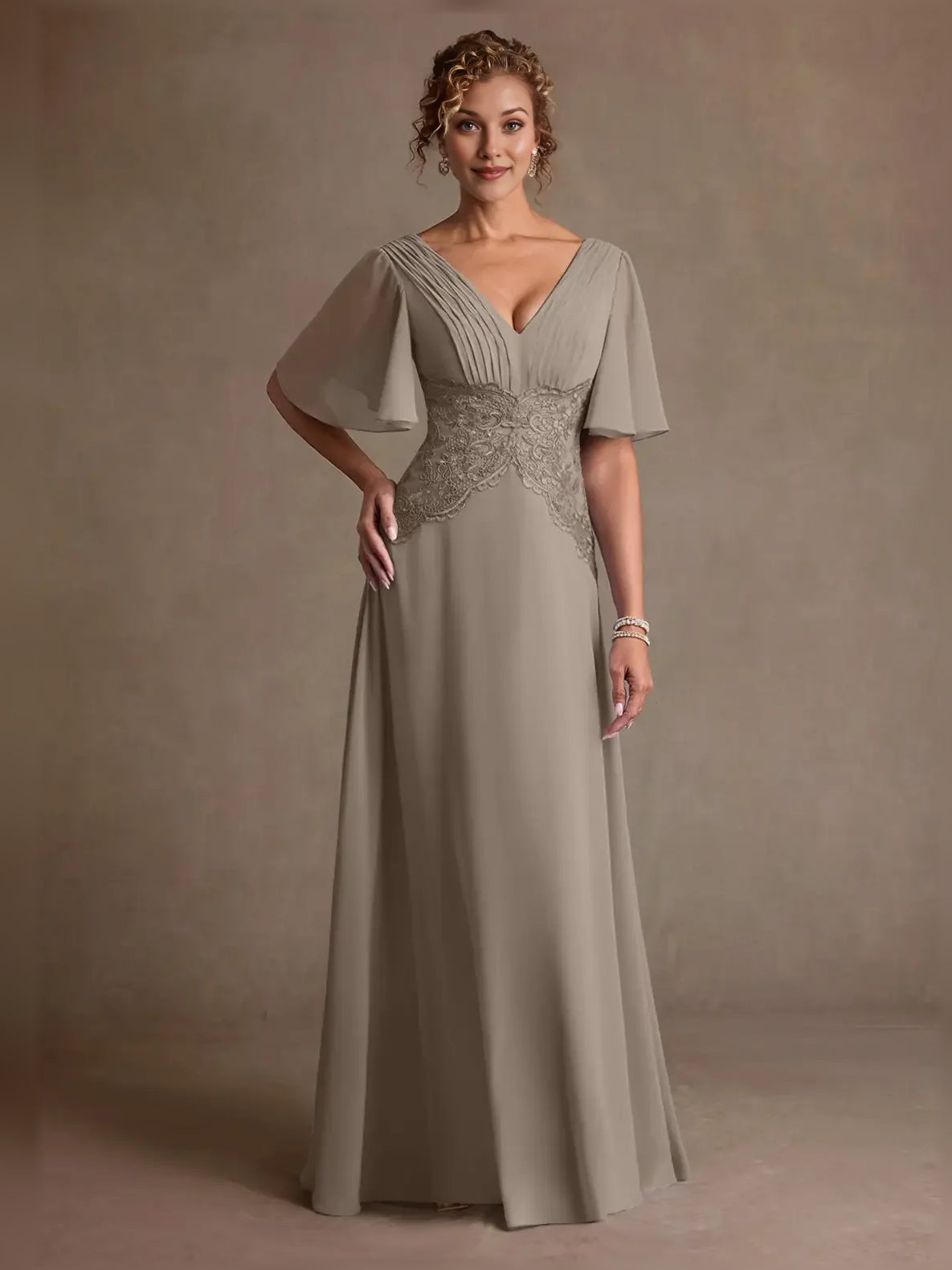 Taupe floor-length mother of the bride dress, alternate view showing the bodice and skirt