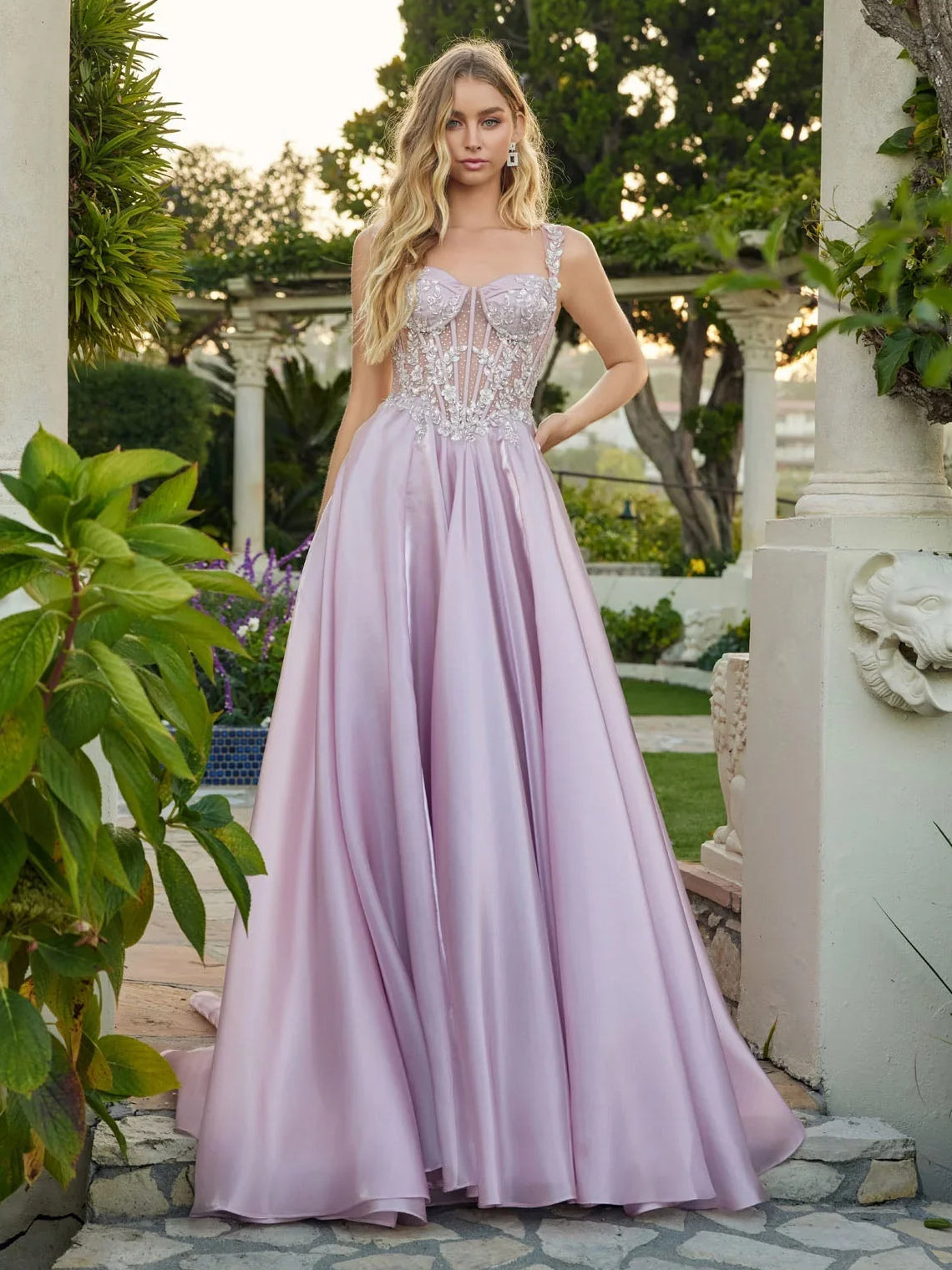 Lilac floor-length prom dress, alternate view showing the bodice and skirt