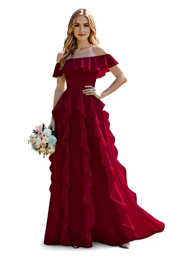 Burgundy maxi bridesmaid dress, alternate view showing the bodice and skirt