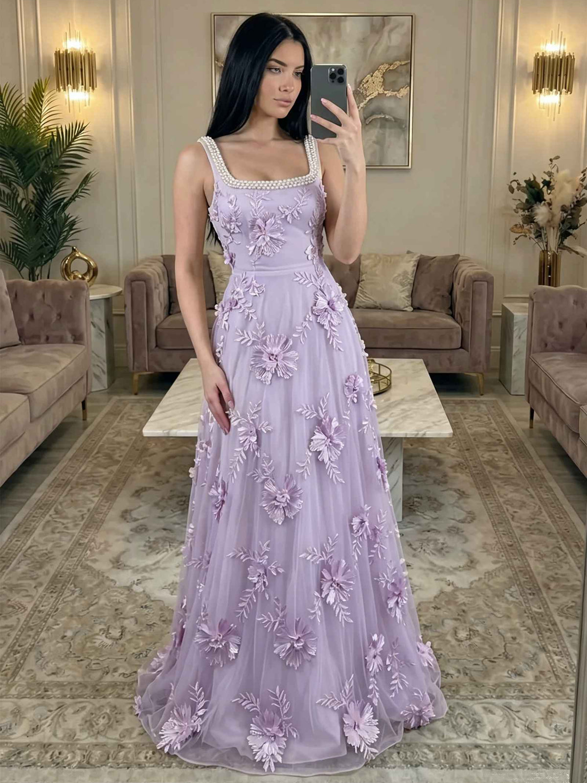 Lilac floor-length prom dress, alternate view showing the bodice and skirt