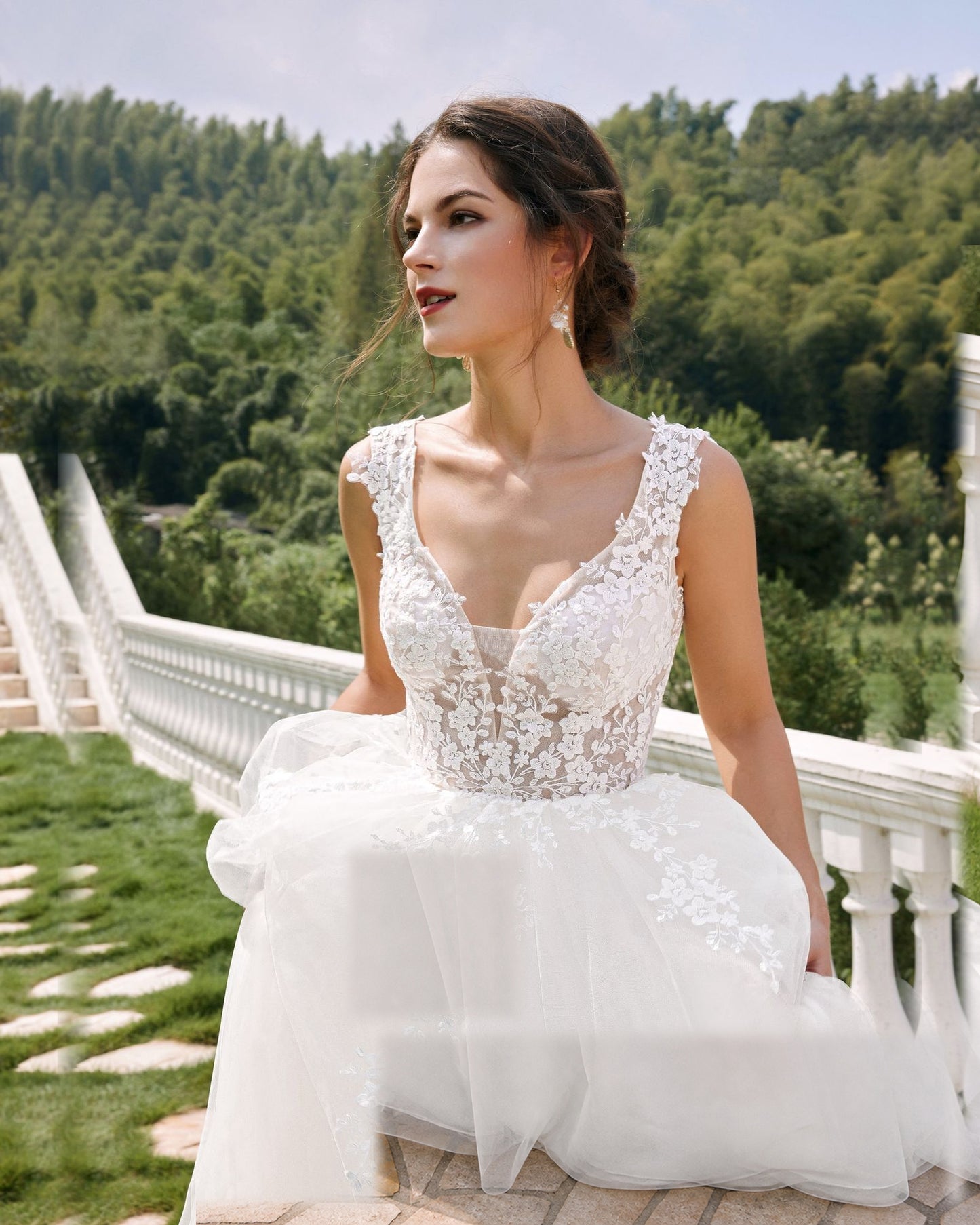 sleeveless v-neck lace tulle a-line wedding dress - image 9