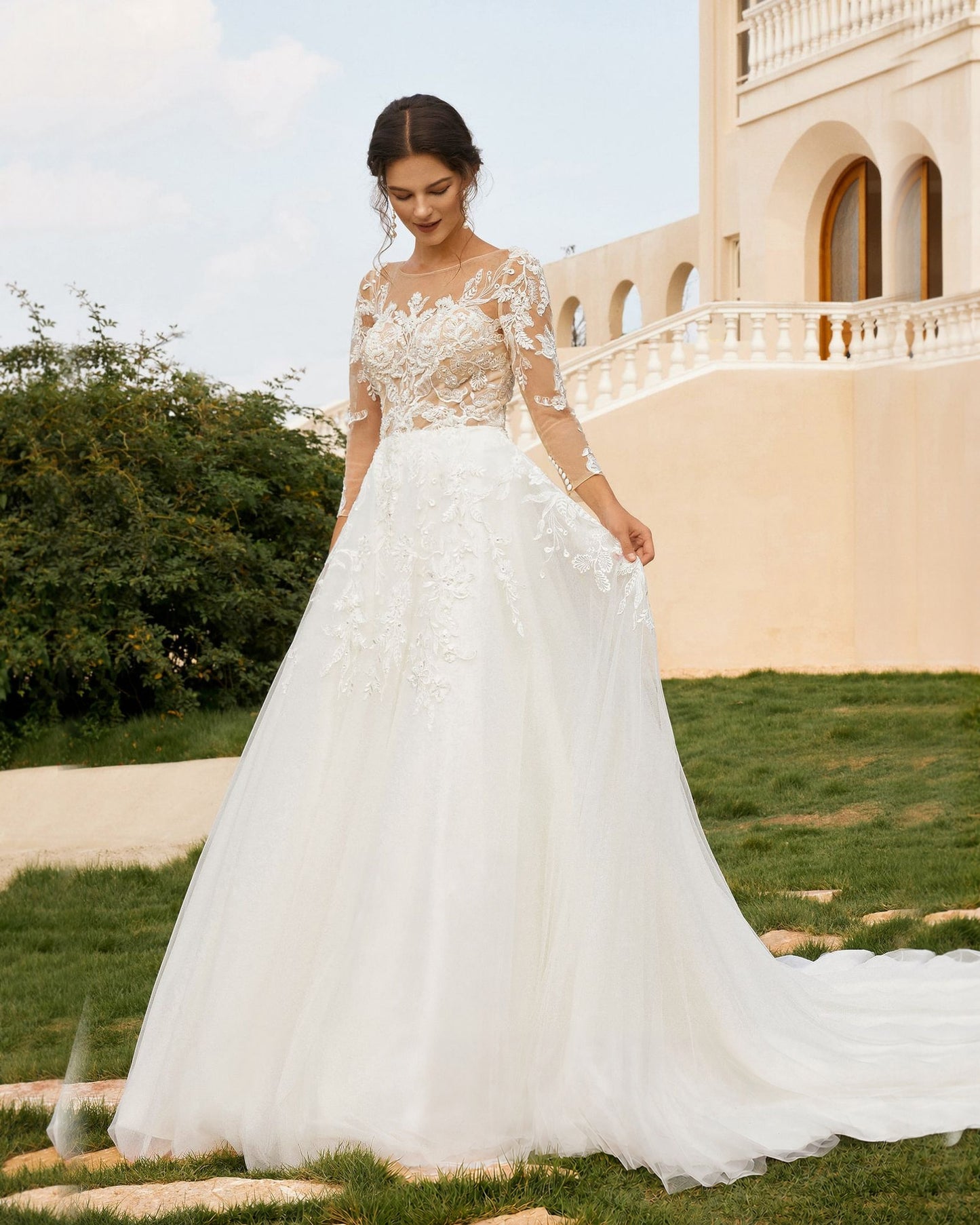 bateau neck lace sleeve tulle a-line wedding dress - image 9