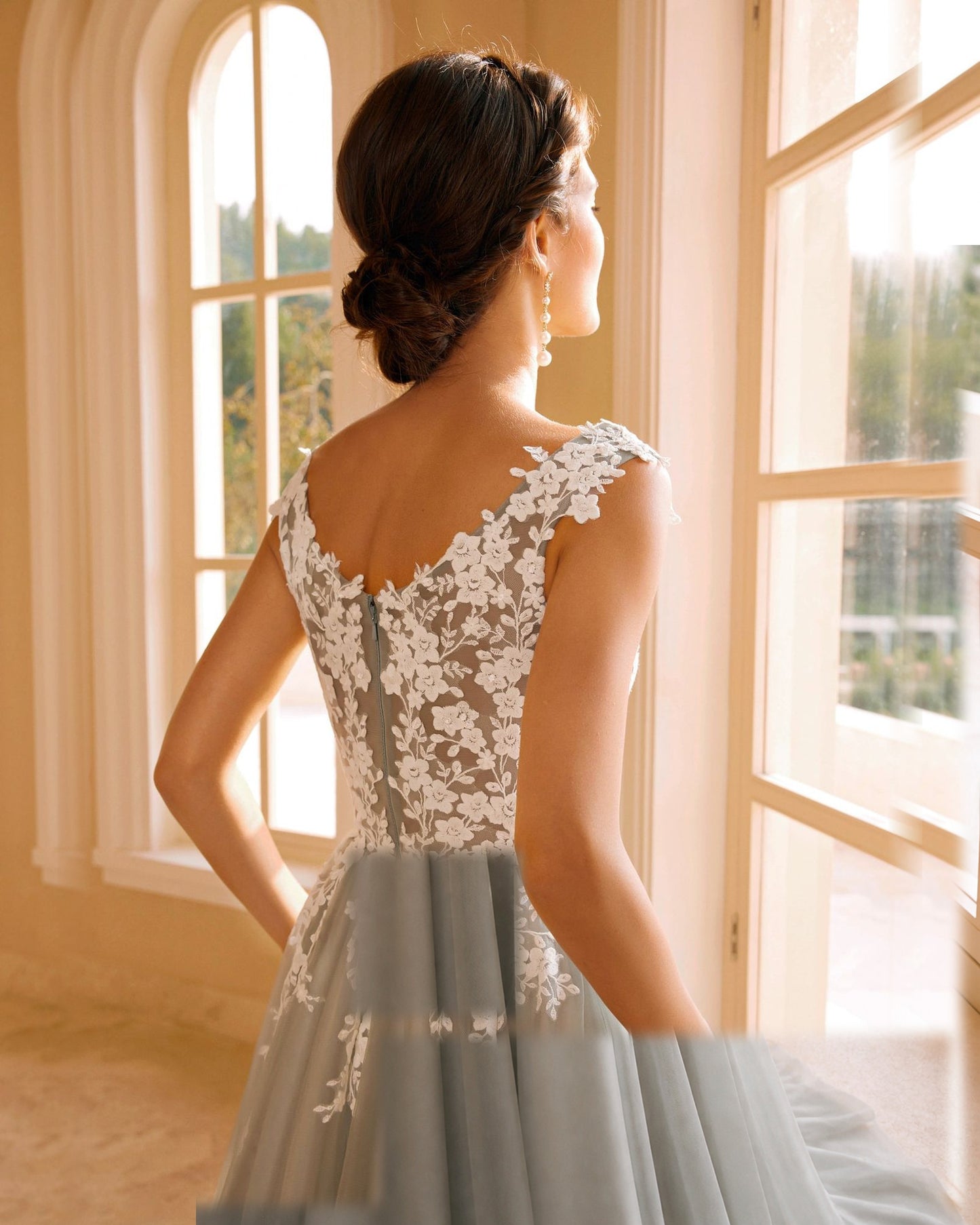 cap sleeve v-neck lace applique a-line wedding dress - image 9