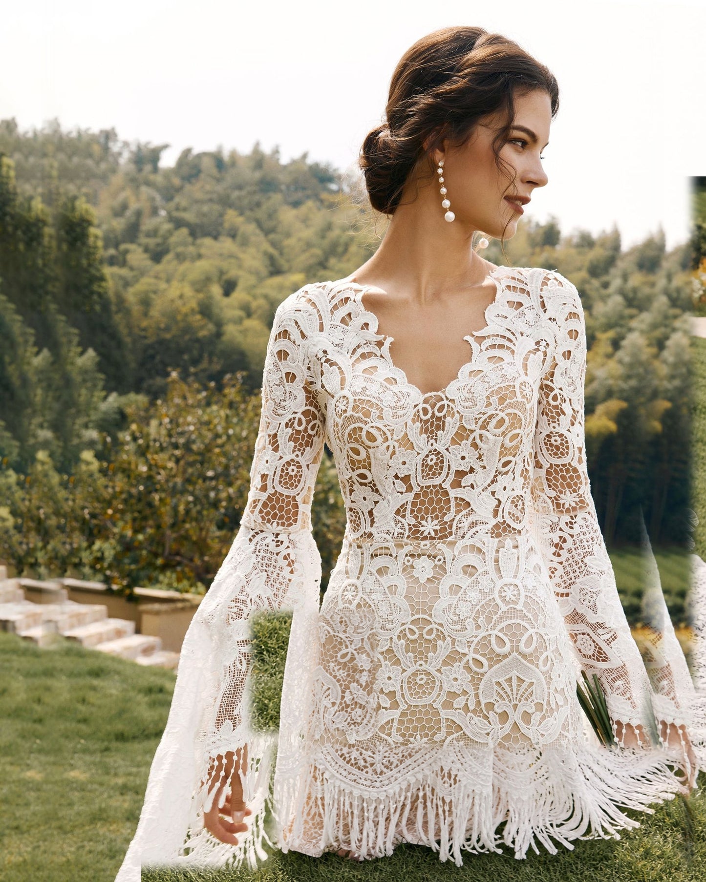 fringe bell sleeve lace mermaid wedding dress - image 9