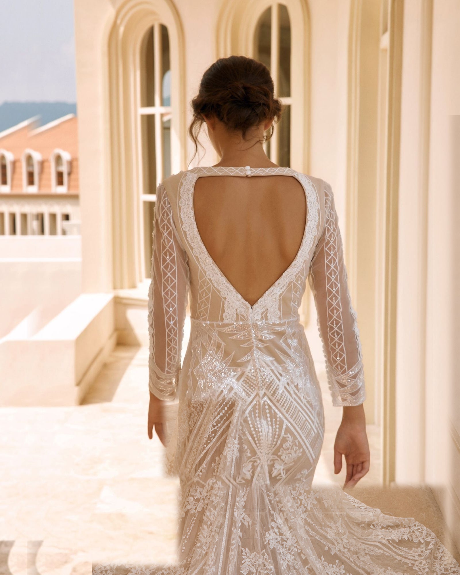 long sleeve geometric lace mermaid wedding dress - image 9